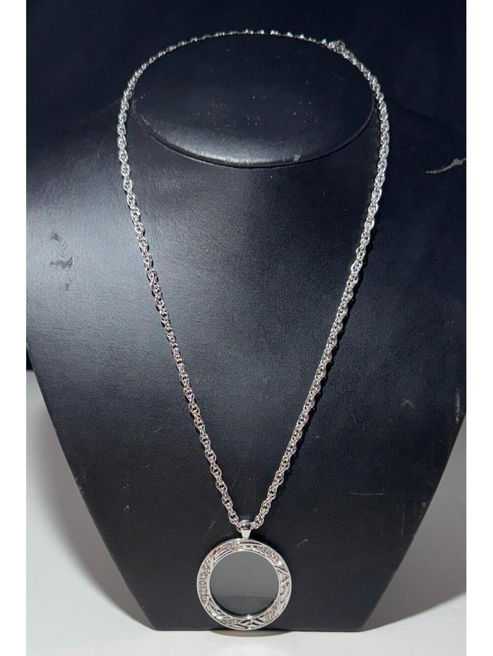 Silver Tone Round Locket Necklace Clear CZ Stones Rope Chain Fashion Jewelry